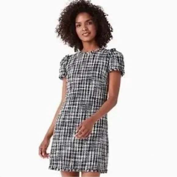 KATE SPADE l Flutter Sleeve Tweed Dress Black White Pockets Size 10 / Medium* - Picture 1 of 14